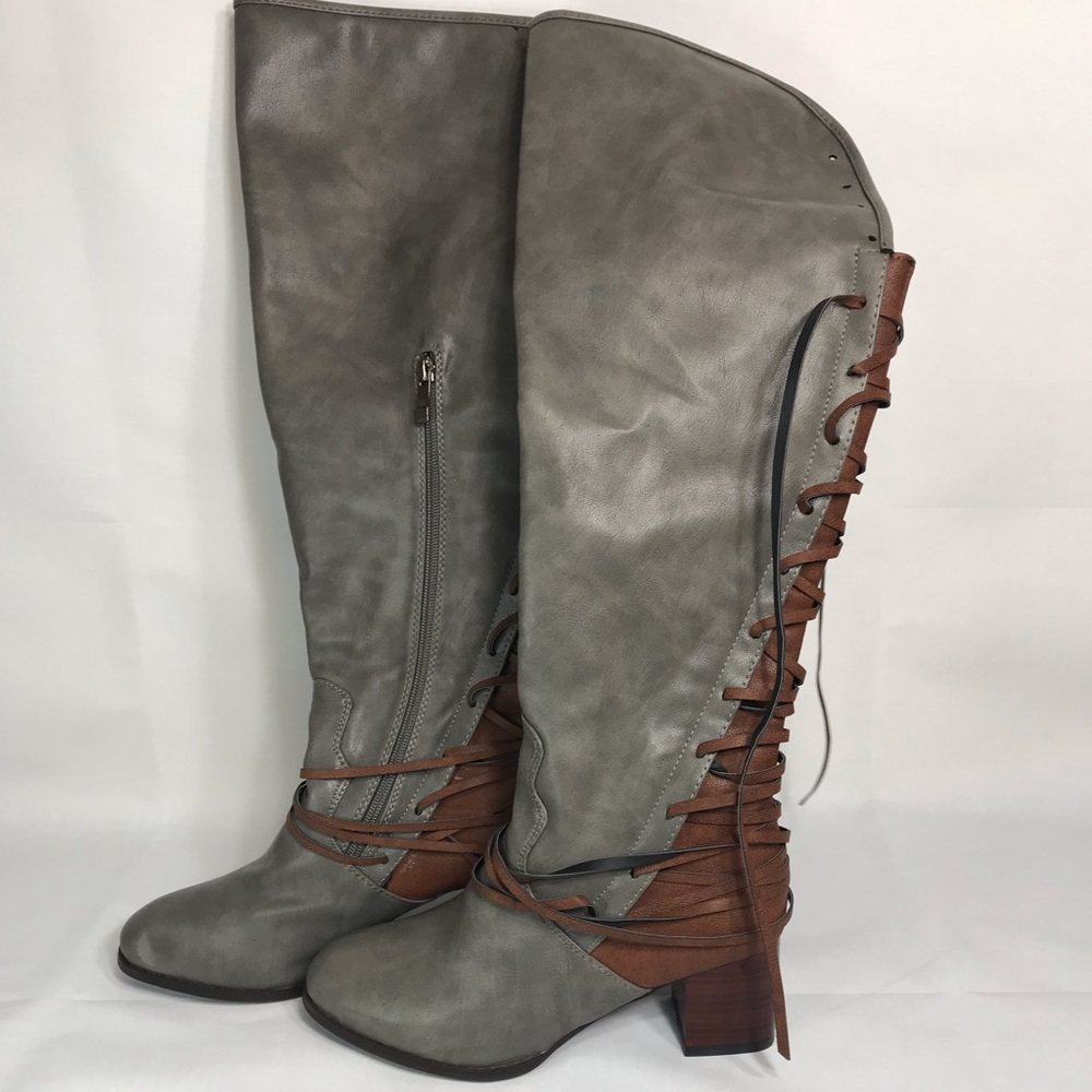 Gray and brown laced boot 37 faux leather sz 7